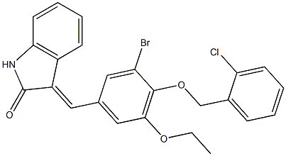 3-{3-bromo-4-[(2-chlorobenzyl)oxy]-5-ethoxybenzylidene}-1,3-dihydro-2H-indol-2-one Struktur