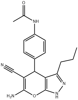 N-[4-(6-amino-5-cyano-3-propyl-1,4-dihydropyrano[2,3-c]pyrazol-4-yl)phenyl]acetamide Struktur