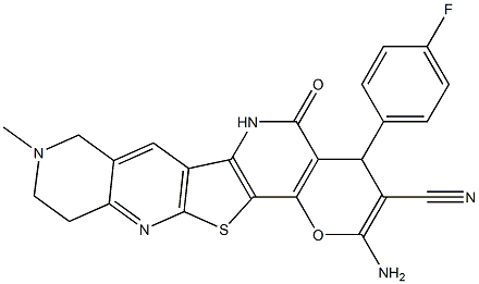 2-amino-4-(4-fluorophenyl)-9-methyl-5-oxo-5,6,8,9,10,11-hexahydro-4H-pyrano[2'',3'':4',5']pyrido[2',3':4,5]thieno[2,3-b][1,6]naphthyridine-3-carbonitrile Struktur