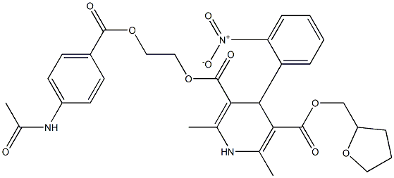 3-(2-{[4-(acetylamino)benzoyl]oxy}ethyl) 5-(tetrahydro-2-furanylmethyl) 4-{2-nitrophenyl}-2,6-dimethyl-1,4-dihydro-3,5-pyridinedicarboxylate Struktur