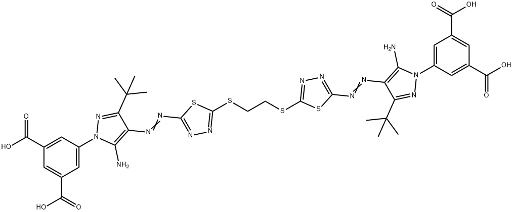 5,5'-{ethane-1,2-diylbis[thio-1,3,4-thiadiazole-5,2-diyldiazene-2,1-diyl(5-amino-3-tert-butyl-1H-pyrazole-4,1-diyl)]}diisophthalic acid Struktur