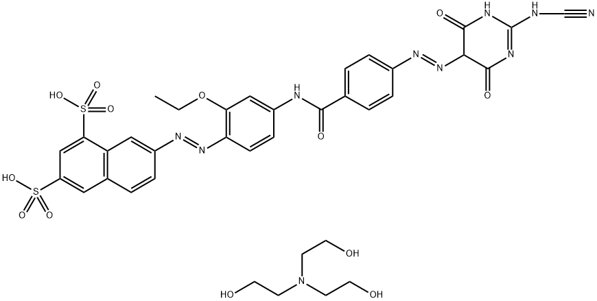 Tris(2-hydroxyethyl)ammonium 7-{4-[4-(2-cyanoamino-4-hydroxy-6-oxidopyrimidin-5-ylazo)benzamido]-2-ethoxy-phenylazo}naphthalene-1,3-disulfonate Struktur