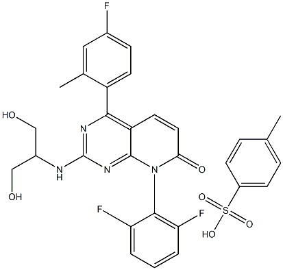 8-(2,6-difluorophenyl)-4-(4-fluoro-2-methylphenyl)-2-{[2-hydroxy-1-(hydroxymethyl)ethyl]amino}pyrido[2,3-d]pyrimidin-7(8H)-one 4-methylbenzenesulfonate (salt) Struktur