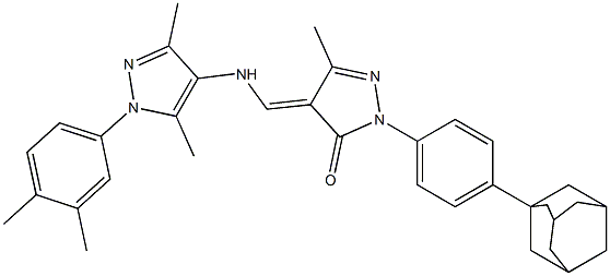 2-[4-(1-adamantyl)phenyl]-4-({[1-(3,4-dimethylphenyl)-3,5-dimethyl-1H-pyrazol-4-yl]amino}methylene)-5-methyl-2,4-dihydro-3H-pyrazol-3-one Struktur