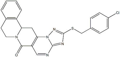 2-[(4-chlorobenzyl)sulfanyl]-8,9,13b,14-tetrahydro-6H-[1,2,4]triazolo[5'',1'':2',3']pyrimido[4',5':4,5]pyrido[2,1-a]isoquinolin-6-one Struktur