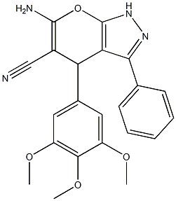 6-amino-3-phenyl-4-(3,4,5-trimethoxyphenyl)-1,4-dihydropyrano[2,3-c]pyrazole-5-carbonitrile Struktur