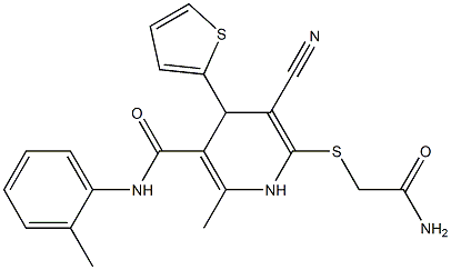 6-[(2-amino-2-oxoethyl)sulfanyl]-5-cyano-2-methyl-N-(2-methylphenyl)-4-(2-thienyl)-1,4-dihydro-3-pyridinecarboxamide Struktur