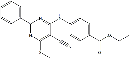 ethyl 4-{[5-cyano-6-(methylsulfanyl)-2-phenyl-4-pyrimidinyl]amino}benzoate Struktur