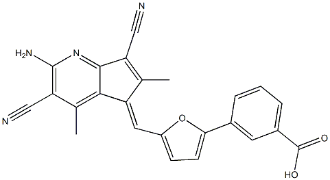 3-{5-[(2-amino-3,7-dicyano-4,6-dimethyl-5H-cyclopenta[b]pyridin-5-ylidene)methyl]-2-furyl}benzoic acid Struktur