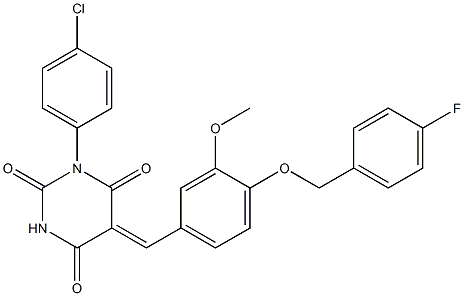 1-(4-chlorophenyl)-5-{4-[(4-fluorobenzyl)oxy]-3-methoxybenzylidene}-2,4,6(1H,3H,5H)-pyrimidinetrione Struktur