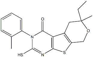 6-ethyl-6-methyl-3-(2-methylphenyl)-2-sulfanyl-3,5,6,8-tetrahydro-4H-pyrano[4',3':4,5]thieno[2,3-d]pyrimidin-4-one Struktur