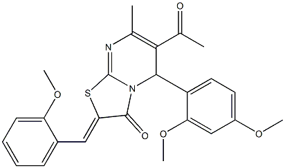 6-acetyl-5-(2,4-dimethoxyphenyl)-2-(2-methoxybenzylidene)-7-methyl-5H-[1,3]thiazolo[3,2-a]pyrimidin-3(2H)-one Struktur