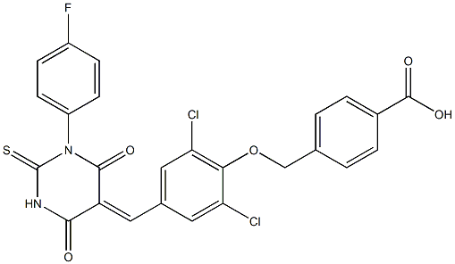 4-({2,6-dichloro-4-[(1-(4-fluorophenyl)-4,6-dioxo-2-thioxotetrahydro-5(2H)-pyrimidinylidene)methyl]phenoxy}methyl)benzoic acid Struktur