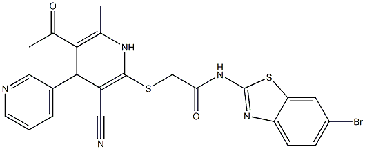 2-[(5-acetyl-3-cyano-6-methyl-1,4-dihydro-4,3'-bipyridin-2-yl)sulfanyl]-N-(6-bromo-1,3-benzothiazol-2-yl)acetamide Struktur