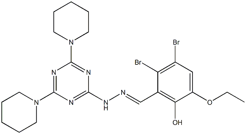 2,3-dibromo-5-ethoxy-6-hydroxybenzaldehyde [4,6-di(1-piperidinyl)-1,3,5-triazin-2-yl]hydrazone Struktur