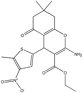 ethyl 2-amino-4-{4-nitro-5-methylthien-2-yl}-7,7-dimethyl-5-oxo-5,6,7,8-tetrahydro-4H-chromene-3-carboxylate Struktur