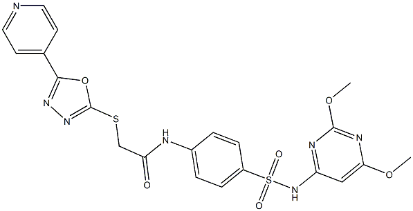 N-(4-{[(2,6-dimethoxy-4-pyrimidinyl)amino]sulfonyl}phenyl)-2-{[5-(4-pyridinyl)-1,3,4-oxadiazol-2-yl]sulfanyl}acetamide Struktur