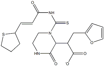 tetrahydro-2-furanylmethyl 2-[3-oxo-1-({[(E)-3-(2-thienyl)-2-propenoyl]amino}carbothioyl)-2-piperazinyl]acetate Struktur