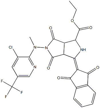 ethyl 5-[[3-chloro-5-(trifluoromethyl)-2-pyridinyl](methyl)amino]-3-(1,3-dioxo-1,3-dihydro-2H-inden-2-yliden)-4,6-dioxooctahydropyrrolo[3,4-c]pyrrole-1-carboxylate Struktur