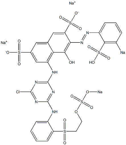 5-Hydroxy-4-[[4-chloro-6-[2-[[2-(sodiosulfooxy)ethyl]sulfonyl]anilino]-1,3,5-triazin-2-yl]amino]-6-[(3-sodiosulfophenyl)azo]-2,7-naphthalenedisulfonic acid disodium salt Struktur