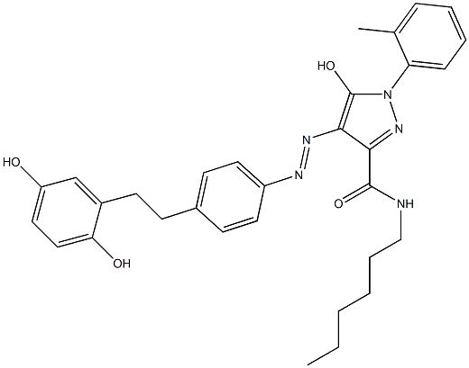 1-(2-Methylphenyl)-3-hexylcarbamoyl-4-[p-[2-(2,5-dihydroxyphenyl)ethyl]phenylazo]-5-hydroxy-1H-pyrazole Struktur