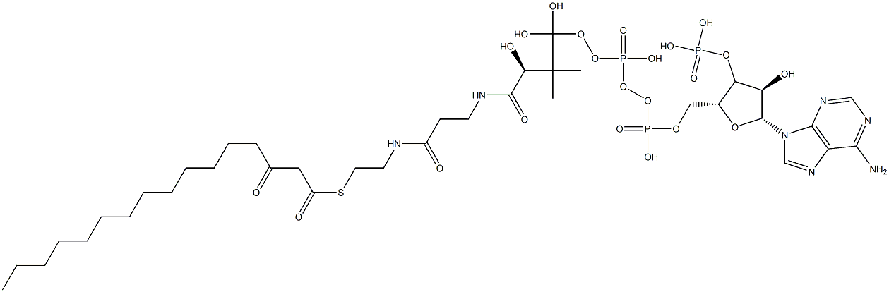 [(2R,3S,4R,5R)-5-(6-aminopurin-9-yl)-4-hydroxy-2-[[hydroxy-[hydroxy-[3-hydroxy-2,2-dimethyl-3-[2-[2-(3-oxohexadecanoylsulfanyl)ethylcarbamoyl]ethylcarbamoyl]propoxy]phosphoryl]oxy-phosphoryl]oxymethyl]oxolan-3-yl]oxyphosphonic acid Struktur