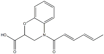 4-[(2E,4E)-hexa-2,4-dienoyl]-3,4-dihydro-2H-1,4-benzoxazine-2-carboxylic acid Struktur