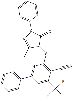 2-[(3-methyl-5-oxo-1-phenyl-4,5-dihydro-1H-pyrazol-4-yl)sulfanyl]-6-phenyl-4-(trifluoromethyl)nicotinonitrile Struktur