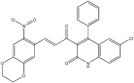 6-chloro-3-(3-{7-nitro-2,3-dihydro-1,4-benzodioxin-6-yl}acryloyl)-4-phenyl-2(1H)-quinolinone Struktur