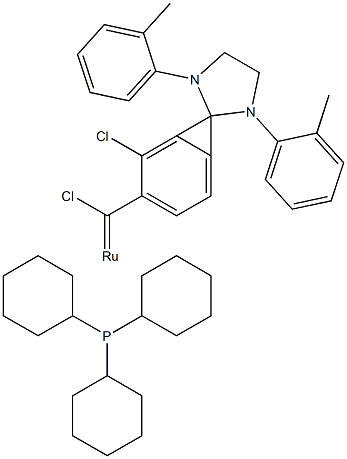 [1,3-Bis(2-methylphenyl)-2-imidazolidinylidene]dichloro(phenylmethylene)  (tricyclohexylphosphine)ruthenium(II) Struktur