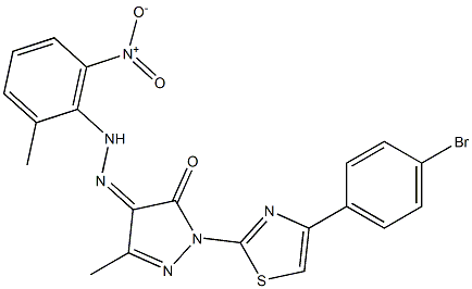 1-[4-(4-bromophenyl)-1,3-thiazol-2-yl]-3-methyl-1H-pyrazole-4,5-dione 4-[N-(2-methyl-6-nitrophenyl)hydrazone] Struktur