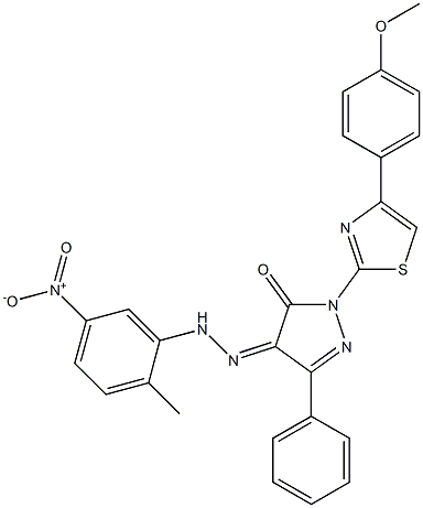 1-[4-(4-methoxyphenyl)-1,3-thiazol-2-yl]-3-phenyl-1H-pyrazole-4,5-dione 4-[N-(2-methyl-5-nitrophenyl)hydrazone] Struktur