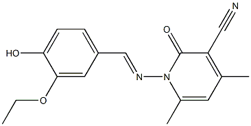 1-{[(E)-(3-ethoxy-4-hydroxyphenyl)methylidene]amino}-4,6-dimethyl-2-oxo-1,2-dihydro-3-pyridinecarbonitrile Struktur