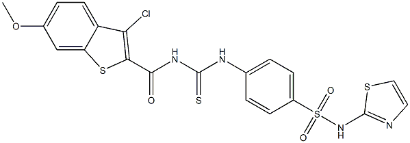 4-[({[(3-chloro-6-methoxy-1-benzothiophen-2-yl)carbonyl]amino}carbothioyl)amino]-N-(1,3-thiazol-2-yl)benzenesulfonamide Struktur