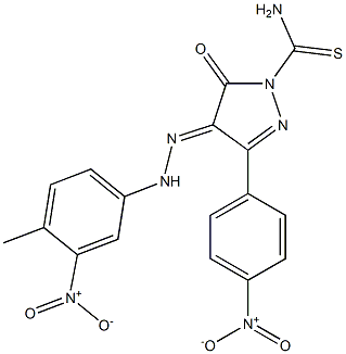 4-[(E)-2-(4-methyl-3-nitrophenyl)hydrazono]-3-(4-nitrophenyl)-5-oxo-4,5-dihydro-1H-pyrazole-1-carbothioamide Struktur