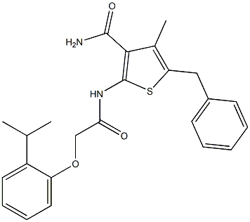 5-benzyl-2-{[2-(2-isopropylphenoxy)acetyl]amino}-4-methyl-3-thiophenecarboxamide Struktur