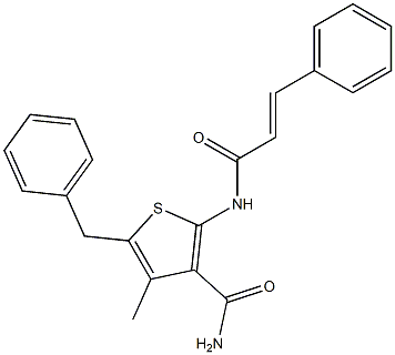 5-benzyl-4-methyl-2-{[(E)-3-phenyl-2-propenoyl]amino}-3-thiophenecarboxamide Struktur