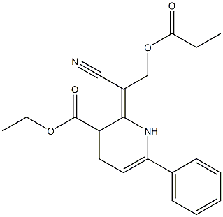 Propionic acid 2-[[5-ethoxycarbonyl-1,4,5,6-tetrahydro-2-phenylpyridin]-6-ylidene]-2-cyanoethyl ester Struktur