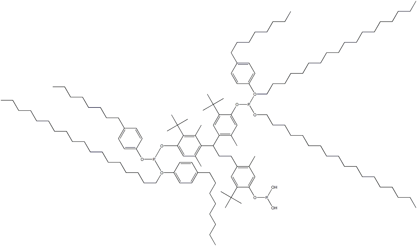 [3-Methyl-1,1,3-propanetriyltris(2-tert-butyl-5-methyl-4,1-phenyleneoxy)]tris(phosphonous acid)O,O',O''-Trioctadecyl O,O',O''-tris(4-octylphenyl) ester Struktur