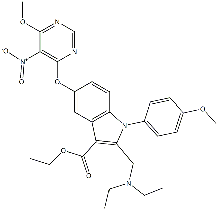 1-(4-Methoxyphenyl)-2-[(diethylamino)methyl]-5-[5-nitro-6-methoxypyrimidin-4-yloxy]-1H-indole-3-carboxylic acid ethyl ester Struktur