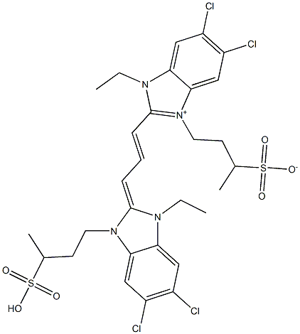 4-[[5,6-Dichloro-2-[3-[[5,6-dichloro-1-ethyl-2,3-dihydro-3-(3-sulfobutyl)-1H-benzimidazol]-2-ylidene]-1-propenyl]-1-ethyl-1H-benzimidazol-3-ium]-3-yl]-2-butanesulfonate Struktur