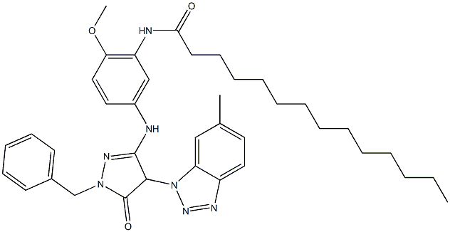 1-Benzyl-3-[4-methoxy-5-(tetradecanoylamino)anilino]-4-(6-methyl-1H-benzotriazol-1-yl)-5(4H)-pyrazolone Struktur