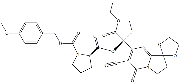 6-Cyano-7-[(S)-1-ethoxycarbonyl-1-[[(2R)-1-[(4-methoxybenzyloxy)carbonyl]-2-pyrrolidinyl]carbonyloxy]propyl]-2,3-dihydrospiro[indolizine-1,2'-[1,3]dioxolan]-5-one Struktur