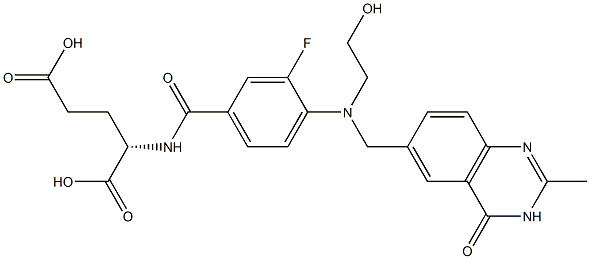 (2S)-2-[3-Fluoro-4-[N-[(3,4-dihydro-2-methyl-4-oxoquinazolin)-6-ylmethyl]-N-(2-hydroxyethyl)amino]benzoylamino]glutaric acid Struktur