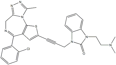 4-(2-Chlorophenyl)-9-methyl-2-[3-[[3-(2-dimethylaminoethyl)-2,3-dihydro-2-oxo-1H-benzimidazol]-1-yl]-1-propynyl]-6H-thieno[3,2-f][1,2,4]triazolo[4,3-a][1,4]diazepine Struktur