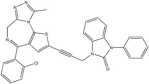 4-(2-Chlorophenyl)-9-methyl-2-[3-[(2,3-dihydro-2-oxo-3-phenyl-1H-benzimidazol)-1-yl]-1-propynyl]-6H-thieno[3,2-f][1,2,4]triazolo[4,3-a][1,4]diazepine Struktur