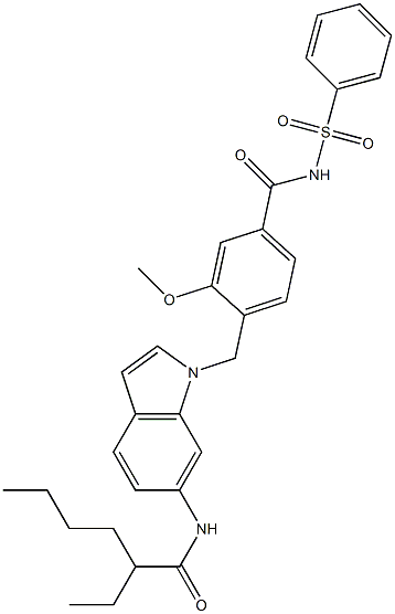 4-[6-(2-Ethylhexanoylamino)-1H-indol-1-ylmethyl]-3-methoxy-N-phenylsulfonylbenzamide Struktur