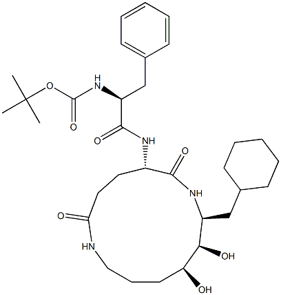 (5S,8S,9R,10S)-5-[(S)-2-(tert-Butyloxycarbonylamino)-3-phenylpropanoylamino]-8-cyclohexylmethyl-9,10-dihydroxy-1,7-diazacyclotridecane-2,6-dione Struktur