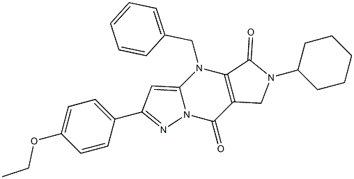 6-Cyclohexyl-6,7-dihydro-4-benzyl-2-(4-ethoxyphenyl)-4H-1,4,6,8a-tetraaza-s-indacene-5,8-dione Struktur