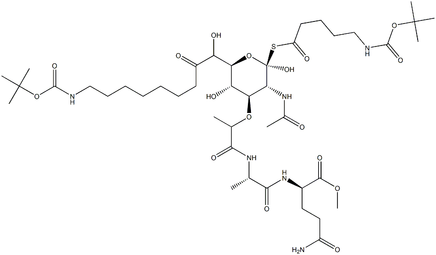 N2-[N-[N-Acetyl-1-[[5-[[(tert-butoxy)carbonyl]amino]pentanoyl]thio]-6-[8-[[(tert-butoxy)carbonyl]amino]octanoyl]muramoyl]-L-alanyl]-D-glutamine methyl ester Struktur